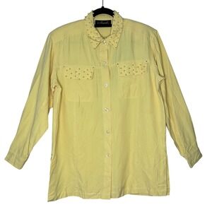 Mureli VTG Silk Linen Embellished Button Down Shirt Top Yellow‎ Medium Retro
